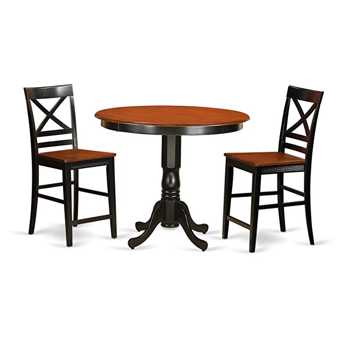 East West Furniture TRQU3-BLK-W 3 Piece Pub Table and 2 Bar Stools with Backs Set