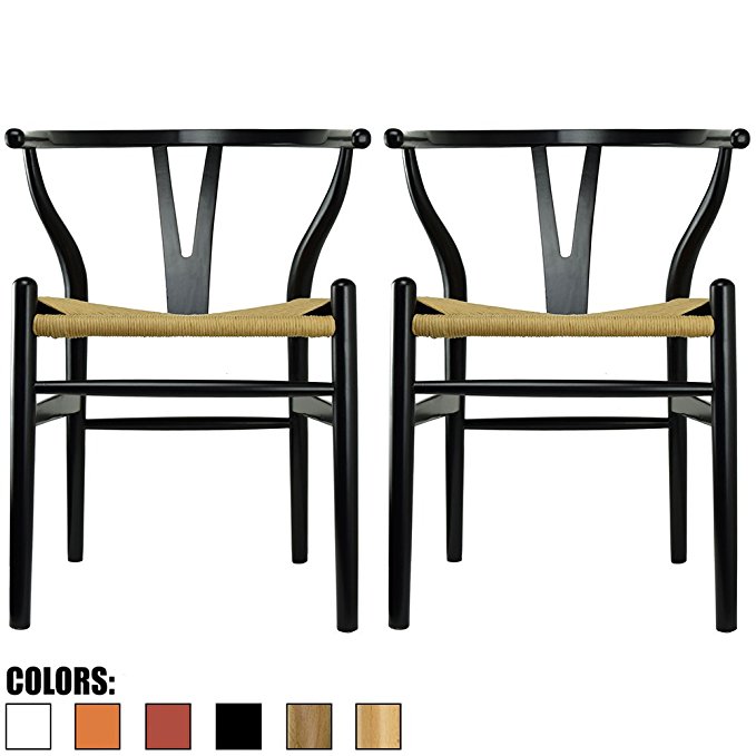 2xhome Set of 2 Black Wishbone Wood Armchair With Arms Open Y Back Open Mid Century Modern Contemporary Office Chair Dining Chairs Woven Seat Brown Living Desk Office