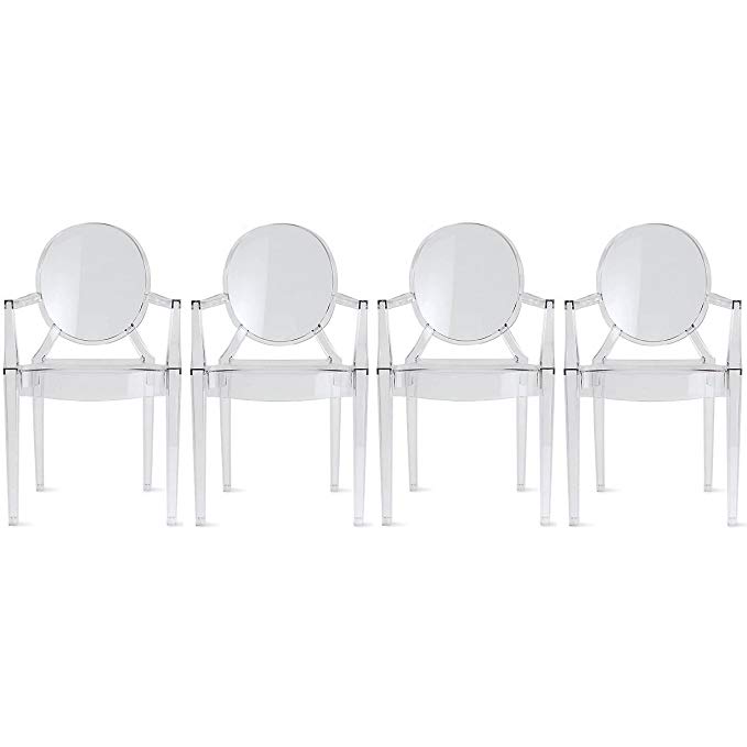 2xhome Set of 4 Modern Ghost Chair Armchair With Arm Polycarbonate Plastic Clear Transparent Crystal