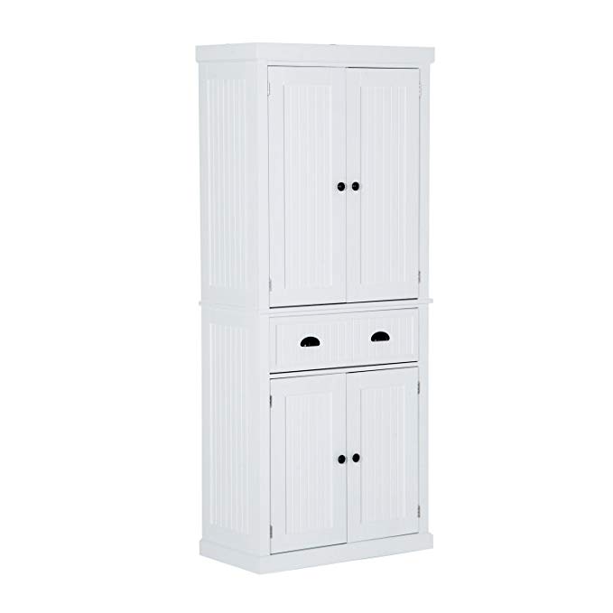 HOMCOM Tall 72” Traditional Colonial Style Standing Kitchen Pantry Cupboard Cabinet - White