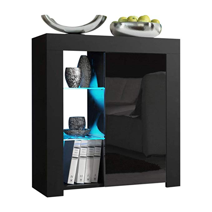 Concept Muebles Milano Sideboard 1D – Single Door Dresser with High Gloss Front Finish and LED-Illuminated Shelves (Black & Black)