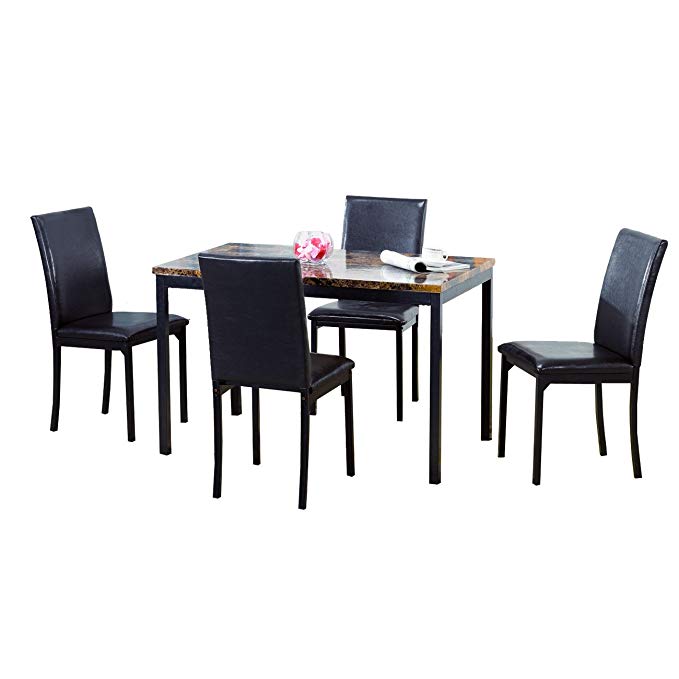 Home Source Carlton Dark Brown Faux Marble Table and 4 Faux Leather Side Chairs