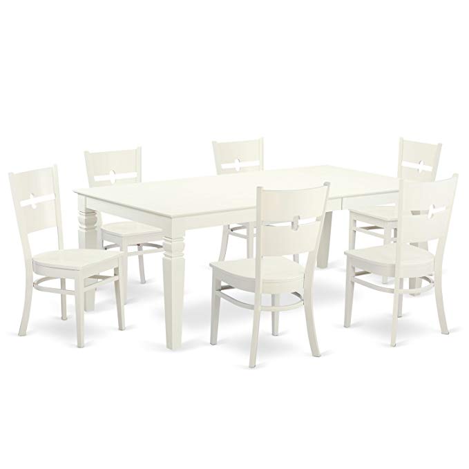 East West Furniture LGRO7-LWH-W 7Piece Table & Chair Set with One Logan Dining Room Table & Six Dining Room Chairs in Linen White Finish