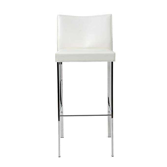 Eurø Style Riley Retro Modern Leather Bar Height Dining Chair with Chromed Steel Base, Set of 2, White