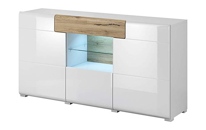 Toledo Collection Sideboard 26 – Elegant Sideboard in White Glossy Color with San Remo Oak Elements – 3 Doors and1 Drawer Plus Central Glass Shelf with LED Lights