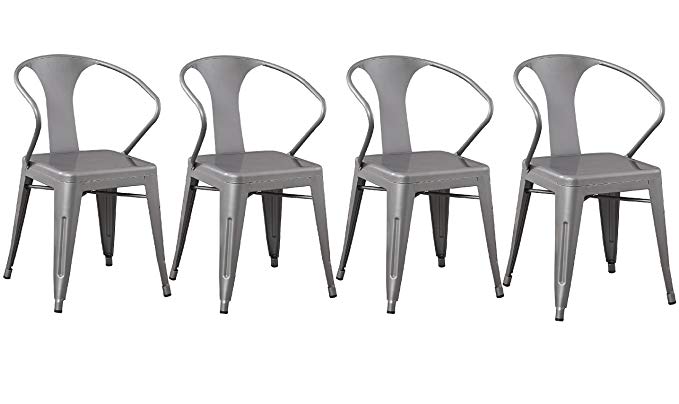 BTEXPERT Solid Steel Stacking Industrial Silver Tabouret Dining room Modern Steel Metal Chairs with Arms (Set of 4)