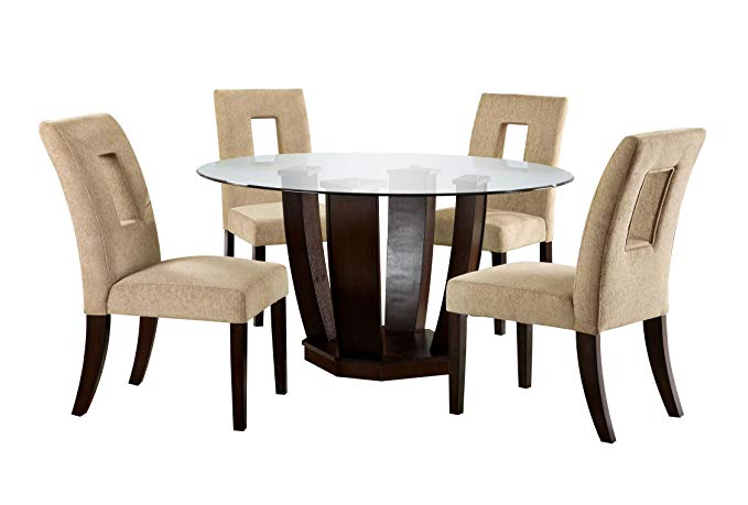 Furniture of America Valyria 5-Piece Round Dining Table Set with 10mm Tempered Glass Top, Espresso Finish