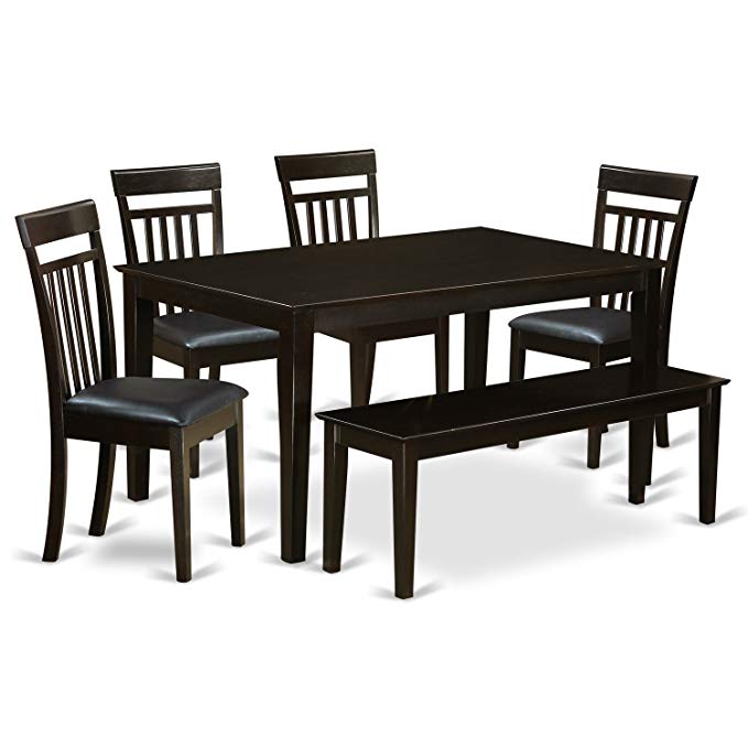 East West Furniture CAP6S-CAP-LC 6 PC Dining Table Set-Solid Top Kitchen Table & 4 Kitchen Chairs Plus 1 Dining Bench