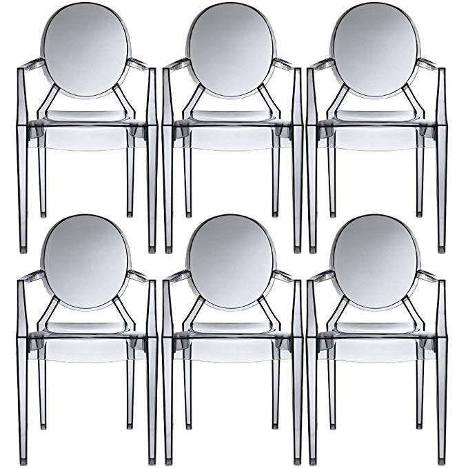 2xhome – Set of 6 Modern Ghost Chair Armchair with Arm Polycarbonate Plastic (Smoke)