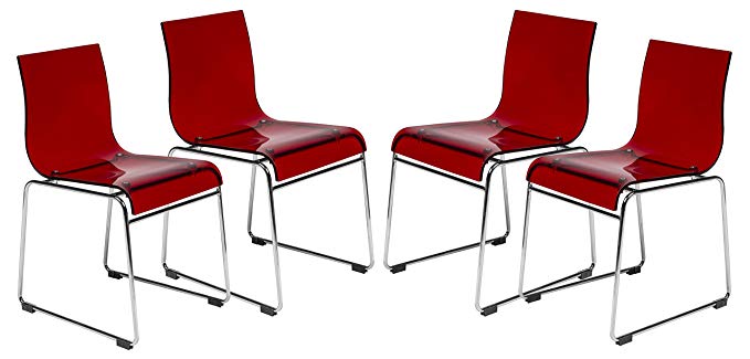 LeisureMod Walker Mid-Century Acrylic Dining Chair with Chrome Base in Transparent Red, Set of 4