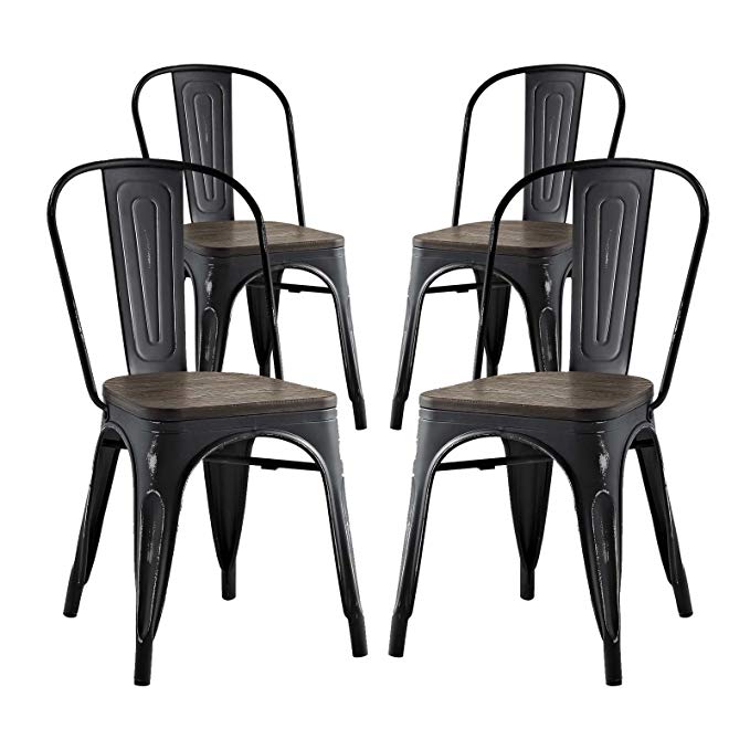 Modway Promenade Stackable Modern Aluminum Four Bistro Dining Side Chair Set With Bamboo Seat in Black