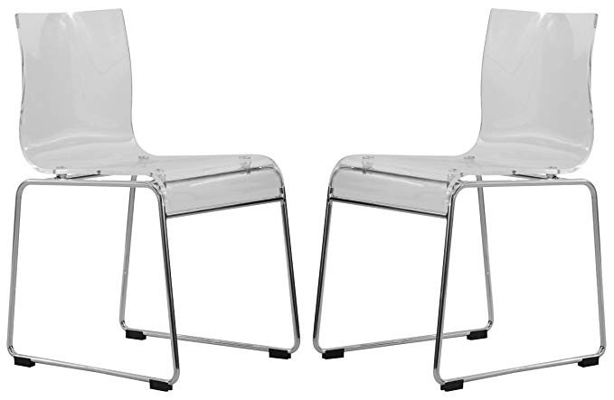 LeisureMod Walker Mid-Century Acrylic Dining Chair with Chrome Base in Clear, Set of 2