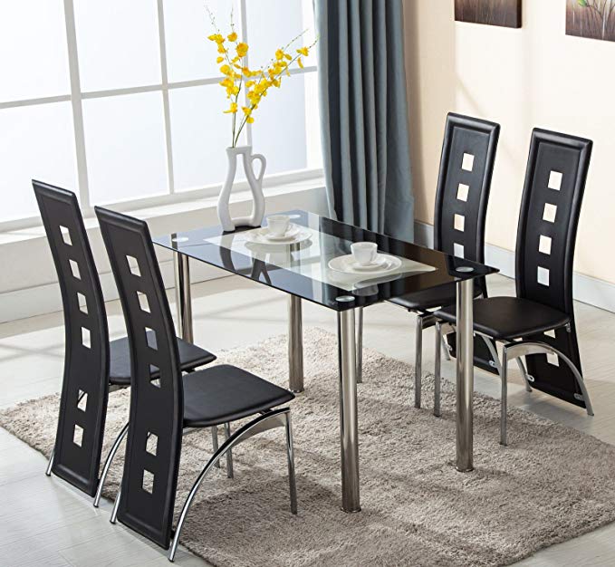 KingMountain 5 Piece Glass Dining Table Set 4 Leather Chairs Kitchen Room Breakfats Furniture (Black)