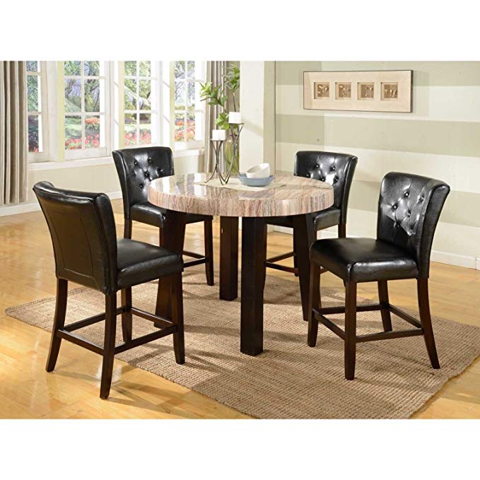 Roundhill Furniture Zanic 5-Piece Round Contemporary Faux Marble Counter Height Dining Set, Ivory Espresso