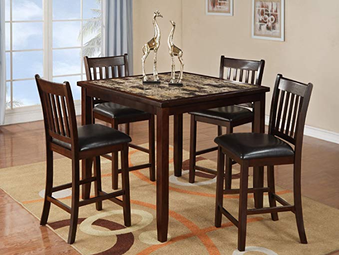 Home Source 50902118 5-Piece Norwalk Collection Asian Hardwood Counter Height Dining Set, 36 by 42 by 42-Inch, Espresso/Faux Brown Marble