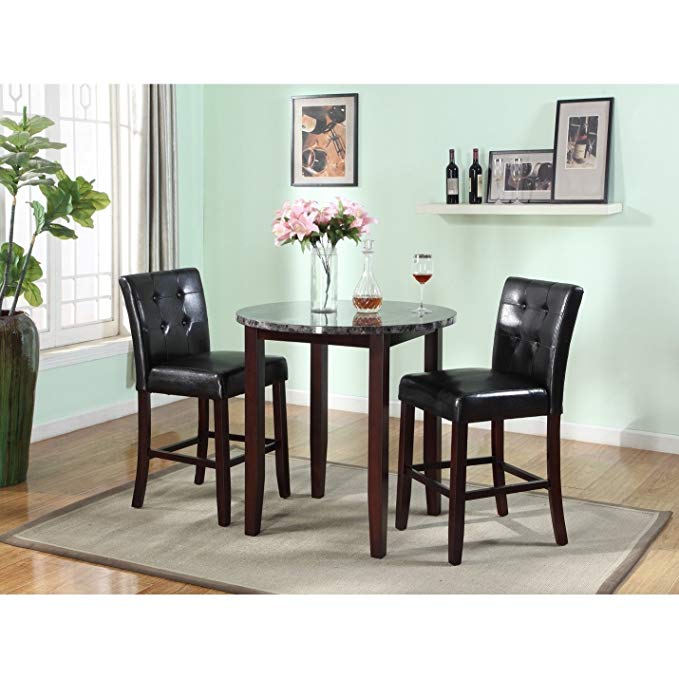 Roundhill Furniture Praia 3-Piece Artificial Marble Top Counter Height Set, Includes 1 Table and 2 Stools