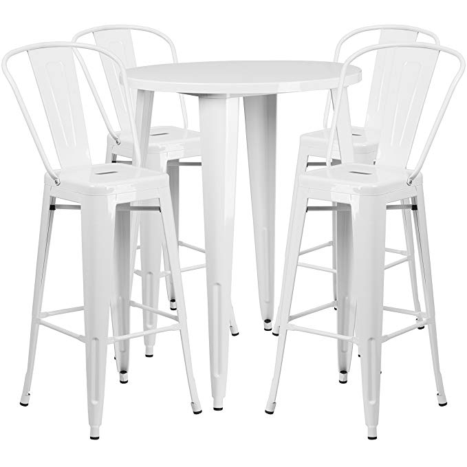 Flash Furniture 30'' Round White Metal Indoor-Outdoor Bar Table Set with 4 Cafe Stools