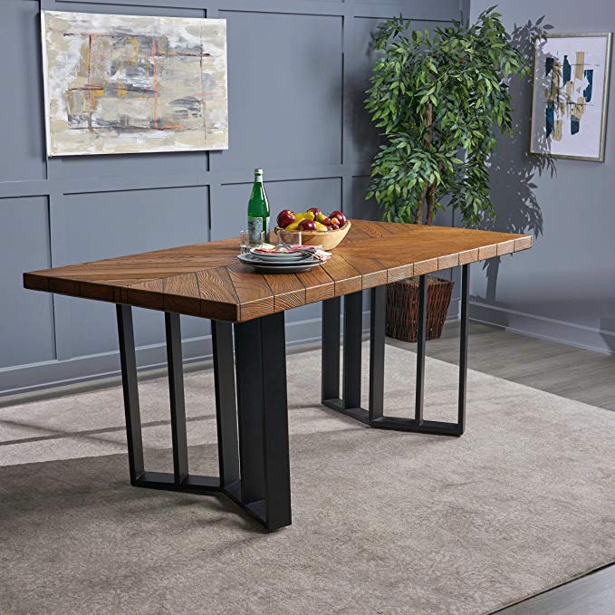 Andrew Indoor Farmhouse Textured Brown Finish Light Weight Concrete Dining Table