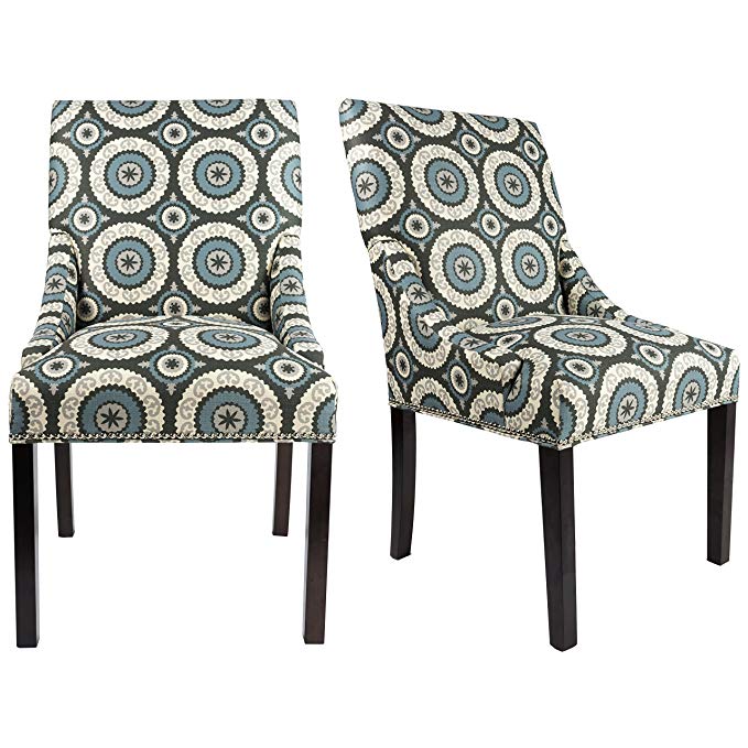 Sole Designs The Marie Collection Contemporary Style Patterned Fabric Upholstered Double Dow Dining Chairs with Nailhead Trim (Set of 2), Teal