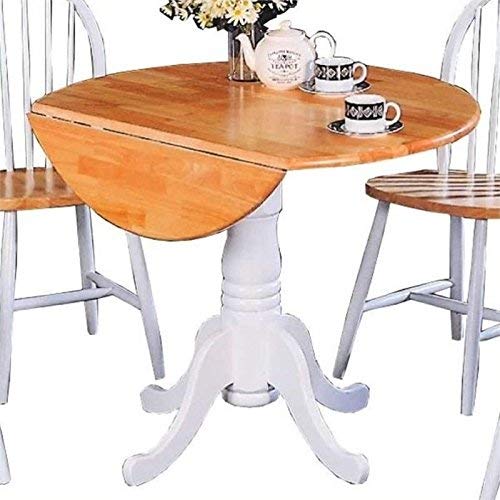 Bowery Hill Round Pedestal Drop Leaf Dining Table in Natural and White