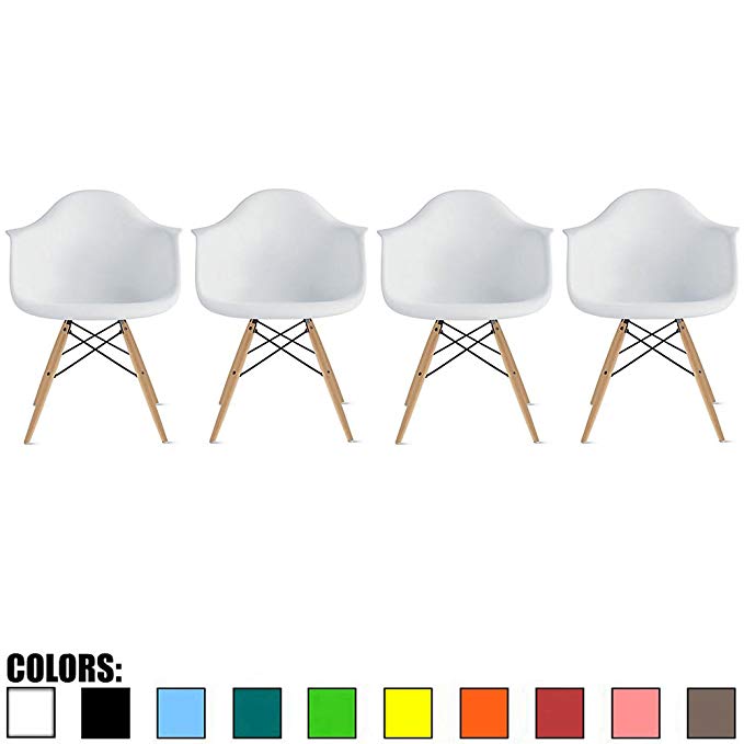 2xhome – Set of 4, White, Solid Wood Nature Brown Legs, Dinning Arm Chair, Eames Style Eames Arm Chair Ray Chair Molded Plastic Shell with Eiffel Dowel-Legs