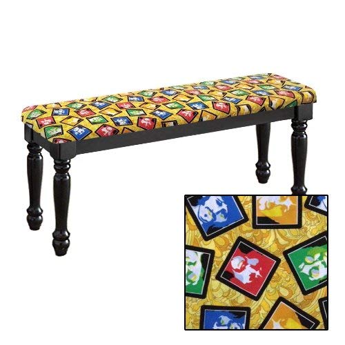 Traditional Farmhouse Style Dining Bench with Black Legs and a Padded Seat Cushion Featuring Your Favorite Novelty Themed Fabric Covered Bench Top (Beatles Yellow)