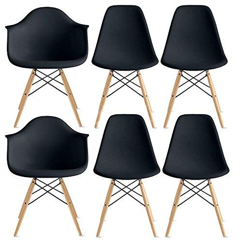 2xhome - Set of Six (6) Black - Eames Style Eames Arm Chair Side Ray Chair Molded Plastic Shell Bedroom Dining Side Ray Chair with Brown Wood Eiffel Dowel-Legs