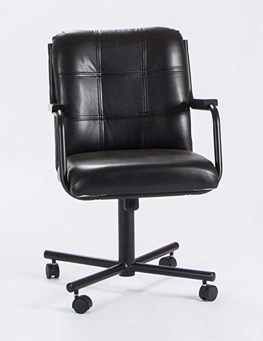 Casual Rolling Caster Dining Chair with Wood Arms and Black Vinyl Seat and Back (1 Chair)