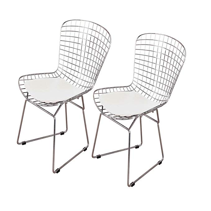 MLF Harry Bertoia Wire Side Chair (Set of 2). Chromed Wire Frame with Plastic Feet & PU Leather Cushion. (White/Cream)