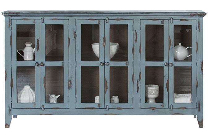 Bayshore Distressed Blue Finish Solid Wood 6-Door Sideboard China Cabinet