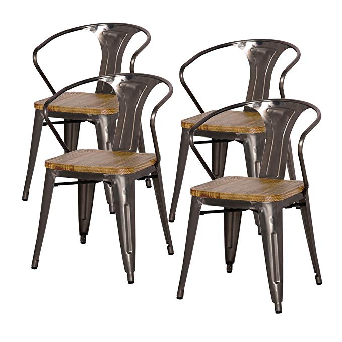 New Pacific Direct Metropolis Metal Arm Chair Wood Seat,Gunmetal Gray,Set of 4