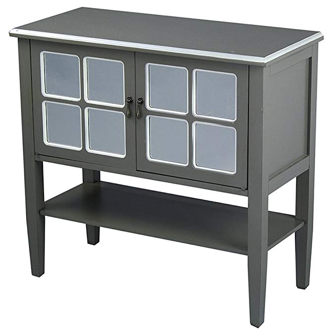 Heather Ann Creations Modern 2 Door Accent Console Cabinet with 4 Pane Mirror Insert and Bottom Shelf Gray/White Trim