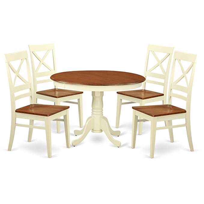 East West Furniture HLQU5-BMK-W 5Piece Hartland Set with One Round 42in Table & Four Kitchen Chairs with Wood Seat in a Beautiful Buttermilk & Cherry Finish