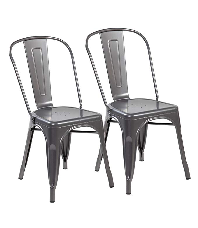 eurosports Tolix Style Chair 3004-MS-2 Metal Kitchen Dining Chairs with Back, Set of 2 Matte Silver