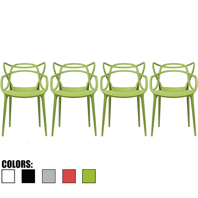 2xhome Set of 4 Green Stackable Contemporary Modern Designer Plastic Chairs With Arms Open Back Armchairs for Kitchen Dining Chaioor Armchair Living Family Room Kitchen Bed Bedroom Porch Patio Balcony