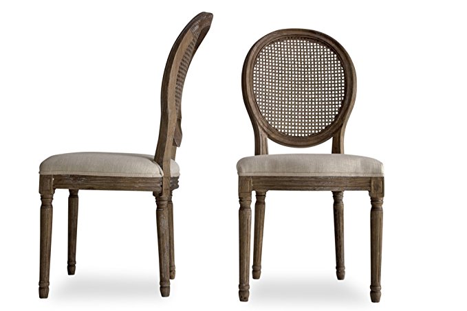 Edloe Finch CARINA Louis French Country Upholstered Dining Chairs - Cane Back Dining Room Chairs - Beige Linen Fabric - Set of 2