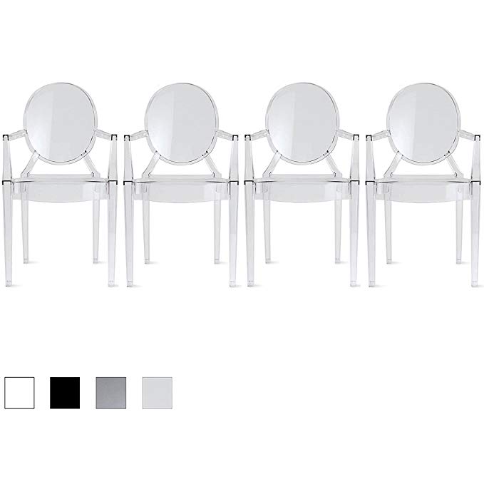 2xhome – Set of 4 Modern Designer Louis Ghost Armchairs With Polycarbonate Crystal Clear Transparent Plastic Dining Chairs