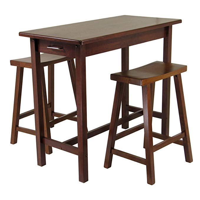 Winsome Kitchen Island Table with 2 Drawers and Saddle Stools, 3-Piece