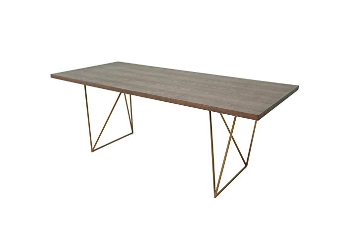 Limari Home Kezia Collection Mid-Century Modern Contemporary Rectangular Floating Dining Table with Geometric Antique Brass Legs, Tobacco Veneer