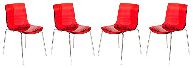 LeisureMod Water Ripple Design Modern Lucite Dining Side Chair with Metal Legs, Set of 4 (Transparent Red)