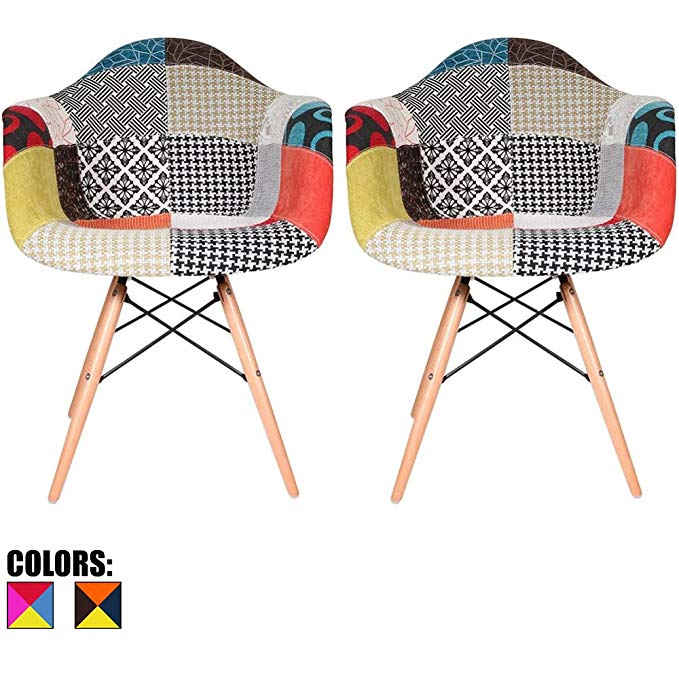 2xhome Set of Two (2) - Multi-color – Modern Upholstered Eames Style Armchair Fabric Chair Patchwork Multi-pattern Light brown Natural Wood Leg Dining Room Chair With Arm