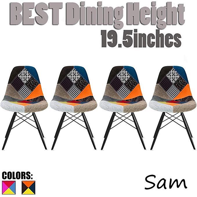 2xhome Set of Four (4) - Eames Style Side Black Dark Wood Legs Eiffel Dining Room Chair - No Arm Arms Armless Less Chairs Seats Molded Plastic Dowel Base Metal (Patchwork S)