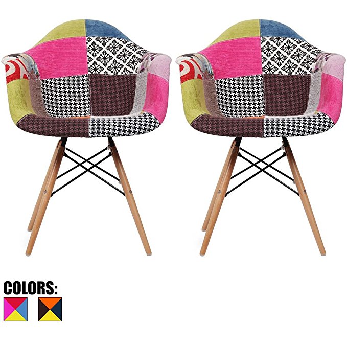 2xhome - Set of Two (2) - Multi-color – Modern Upholstered Eames Style Armchair Fabric Chair Patchwork Multi-pattern Light brown Natural Wood Leg Dining Room Chair With Arm