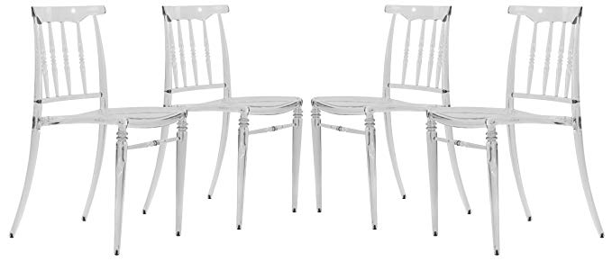 LeisureMod Spindle Modern Clear Molded Plastic Stackable Lucite Dining Side Chair Set of 4