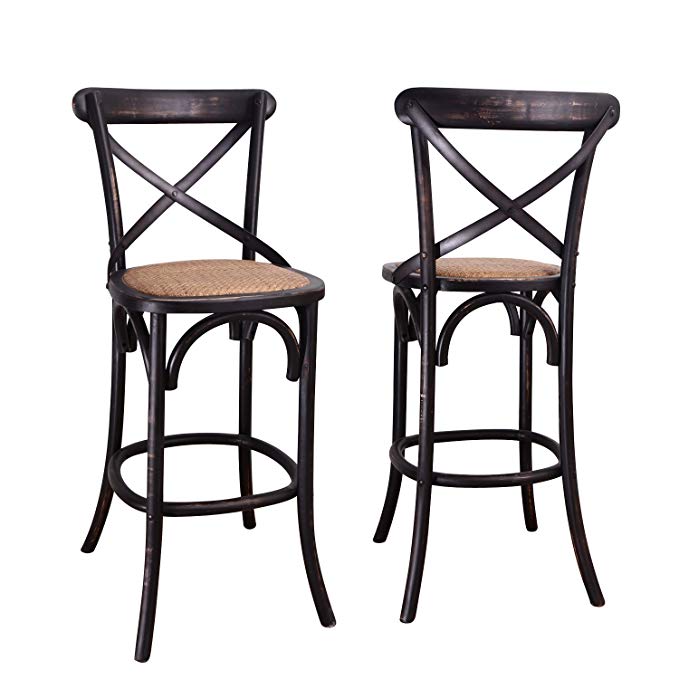 Adeco Dark Brown Elm Wood Rattan Vintage-Style Curved Leg Barstool/Dining Chair, 43 inches high (Set of ONE)