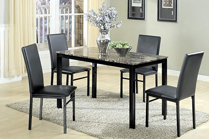 The Room Style 5 Pc. Faux Marble Top Metal Simple Dinette Dining Set, 1 Table with 4 Chairs (Black)