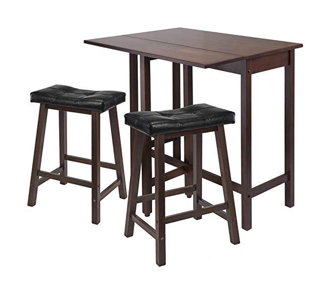 Winsome Lynnwood Drop Leaf Kitchen Table with 2 Cushion Saddle Seat Stools, 3-Piece