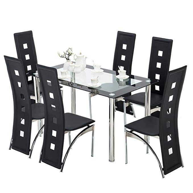 Mecor Glass Dining Table Set, 7 Piece Kitchen Table Set with 6 Leather Chairs/Metal Legs Black