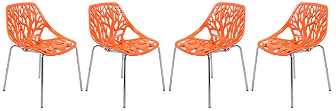 LeisureMod Forest Modern Side Dining Chair With Chromed Legs, Set of 4 (Orange)