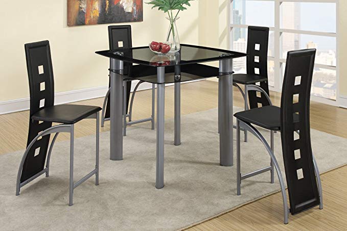 Poundex PDEX-F2224-F1222x2 F2224 and F1222 Black Painted Glass and Leatherette Chairs Counter Dining Set